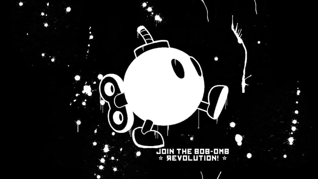 Dynamic Bob-omb from Super Mario with energetic splatter on bold background Join the Revolution Wallpaper