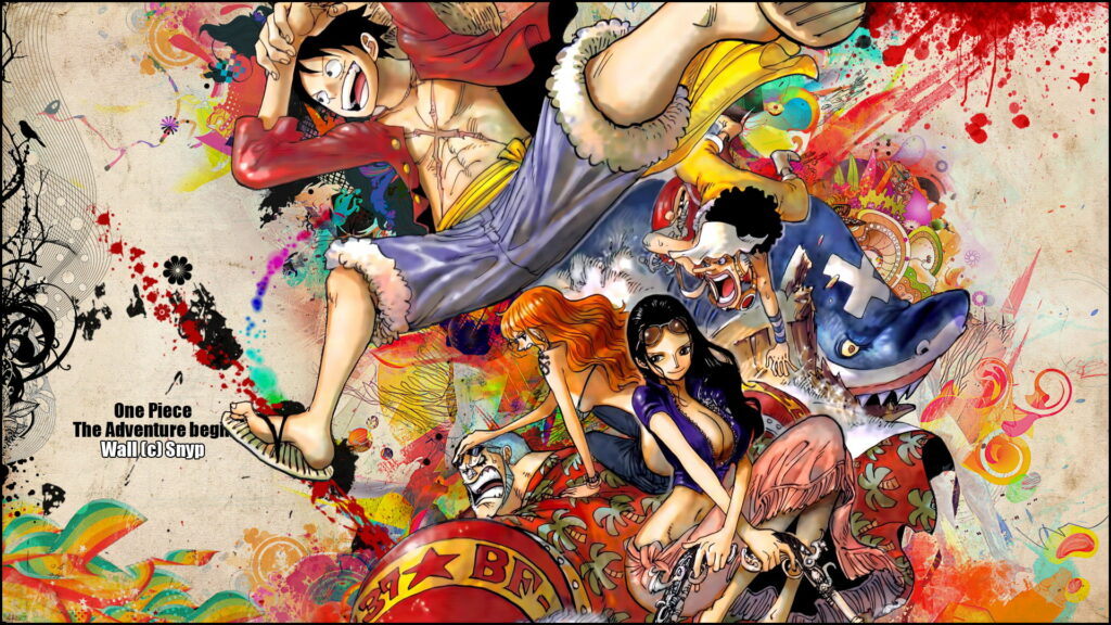 Set sail with the Straw Hat crew: Franky, Luffy, and Nami in an epic anime background for One Piece fans Wallpaper