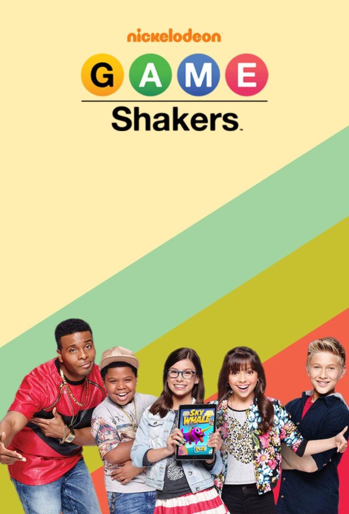 Game Shakers Nickelodeon cast with Kenzie holding tablet showing Sky Whale game colorful backdrop Wallpaper