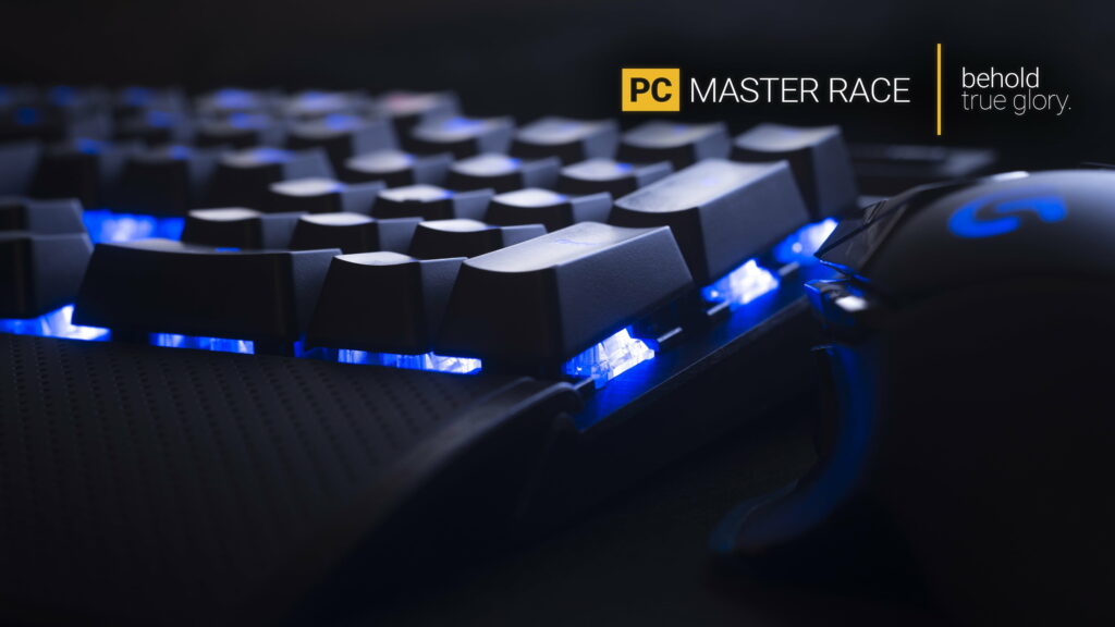 4K wallpaper of black Logitech gaming mouse and keyboard with blue LED and PC Master Race text