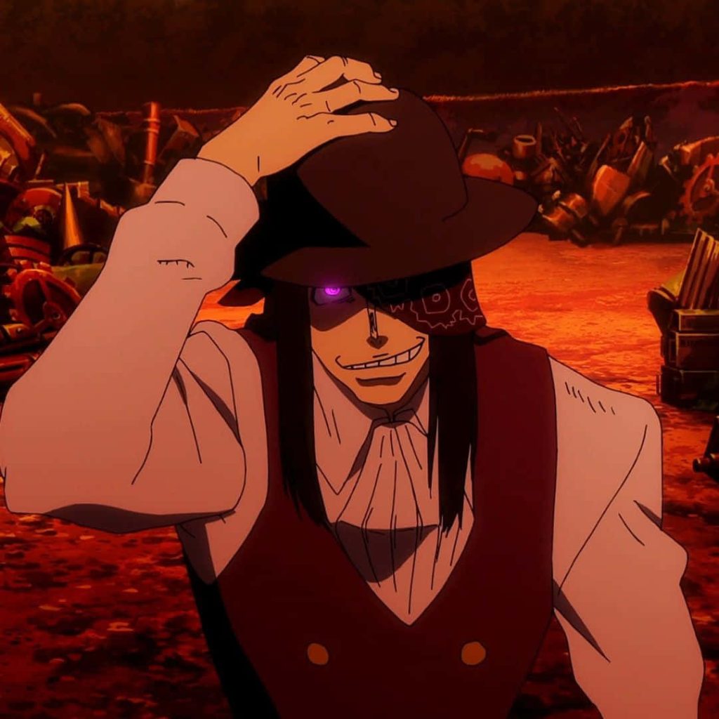 Joker from Fire Force with glowing purple eye and sinister grin in fiery anime wallpaper background