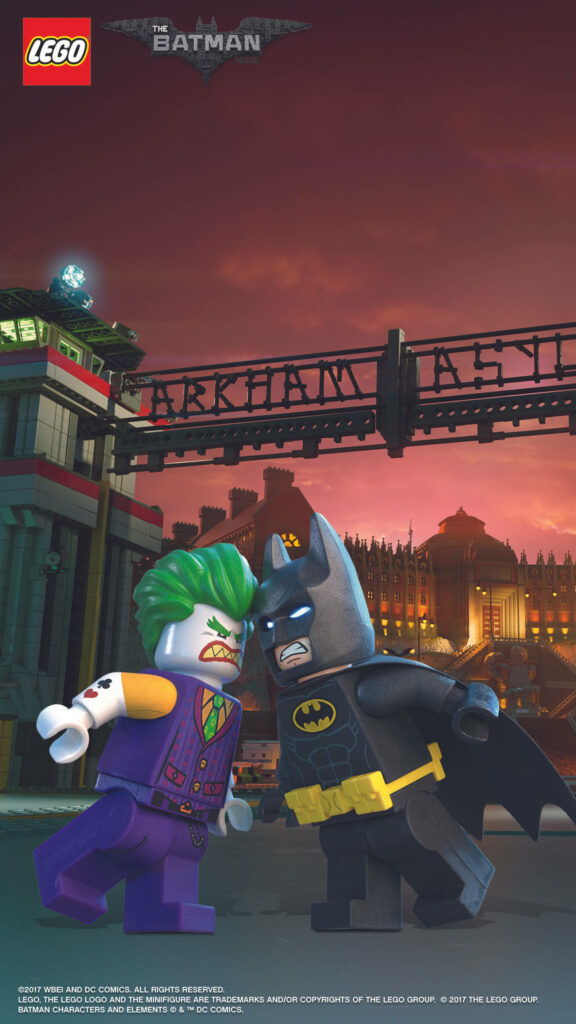Lego Batman and Joker face off at Arkham Asylum vibrant wallpaper showcasing iconic rivalry