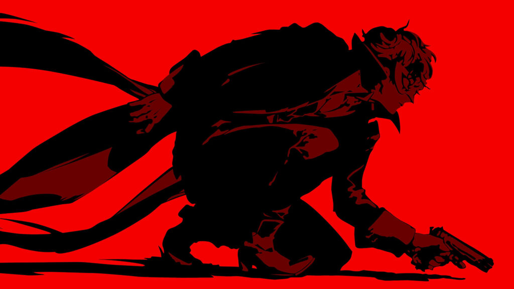 Joker's Rebellion: Persona 5's Vigilante Crouches with Gun in Hand - Striking Wallpaper