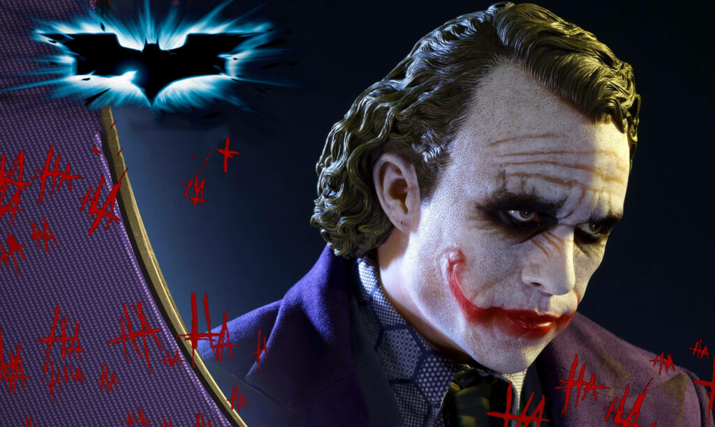 The Dark Knight's Haunting Crusade: Joker's Maniacal 4K Gotham Wallpaper with Bat Logo and Ha Ha Ha Patterns