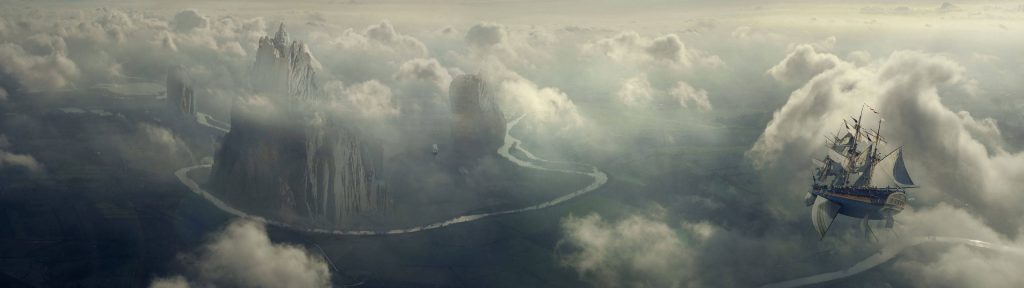 Jolly Roger ship sailing through dark clouds over cliffs and river cinematic fantasy landscape wallpaper