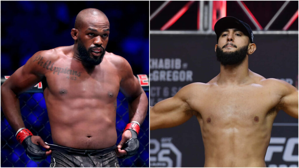 Jon Jones and Dominick Reyes intense pre-fight MMA poses vibrant arena background wallpaper
