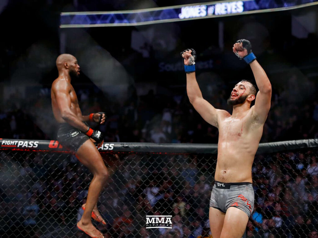 UFC 247 Jon Jones vs Dominick Reyes intense Octagon battle light heavyweight championship wallpaper