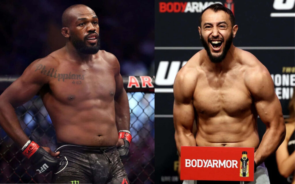 UFC fighters Jon Jones and Dominick Reyes intense fight night wallpaper backdrop showcasing strength