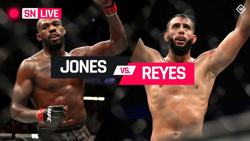 Jon Jones and Dominick Reyes UFC octagon intense fight wallpaper with dramatic lighting split design