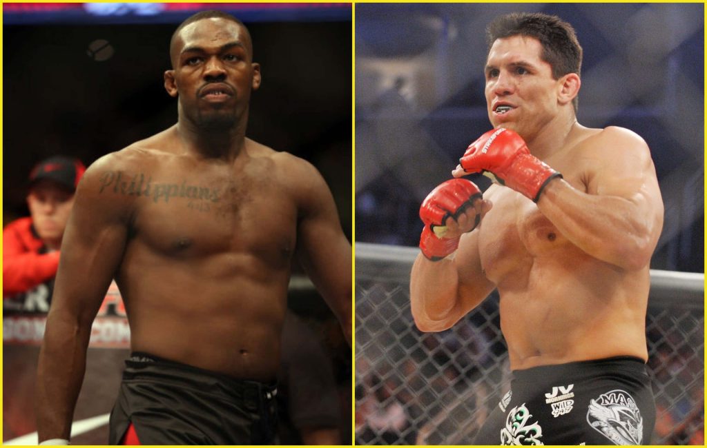 Split-screen wallpaper of UFC legend Jon Jones and Frank Shamrock in dynamic MMA action pose