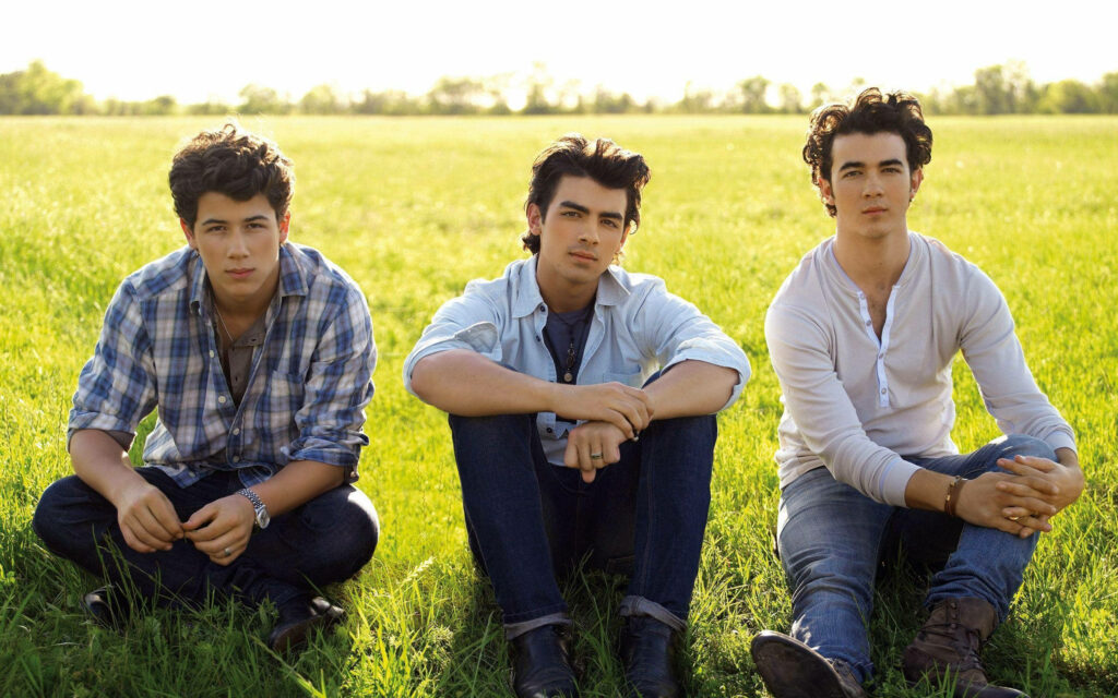 Jonas Brothers Serene Outdoor Wallpaper: Young Stars on Green Grass