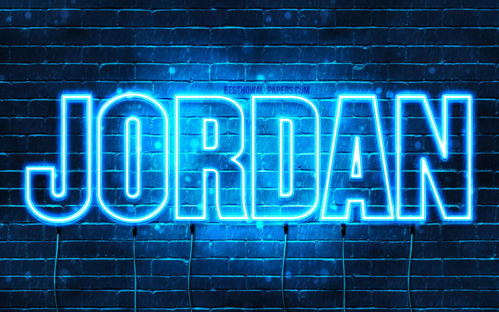 JORDAN neon sign in vibrant blue on dark brick wall with hanging power cables modern wallpaper