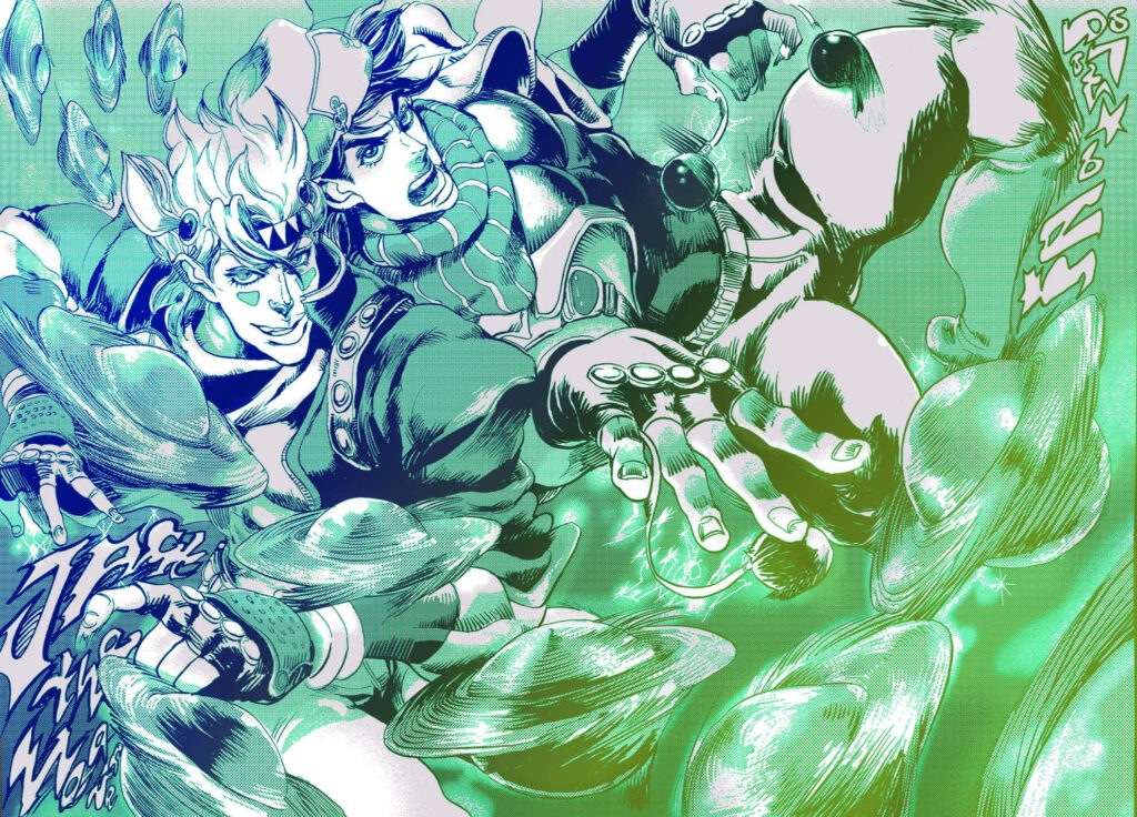 Joseph Joestar and Caesar Zeppeli using dynamic Hamon powers in intense Battle Tendency scene Wallpaper