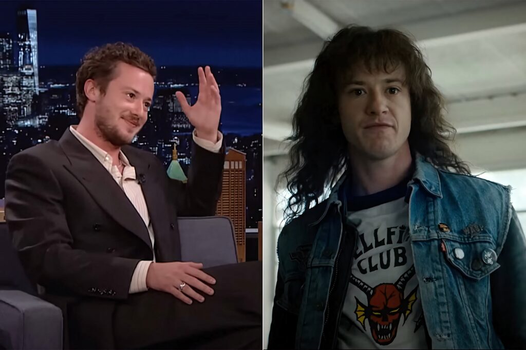 Joseph Quinn in interview and as Eddie Munson Stranger Things denim vest Hellfire Club wallpaper