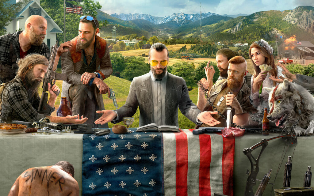 Joseph Seed and His Cult Army Dominating the Mountainous Landscape: A Captivating Far Cry 5 Snapshot Wallpaper