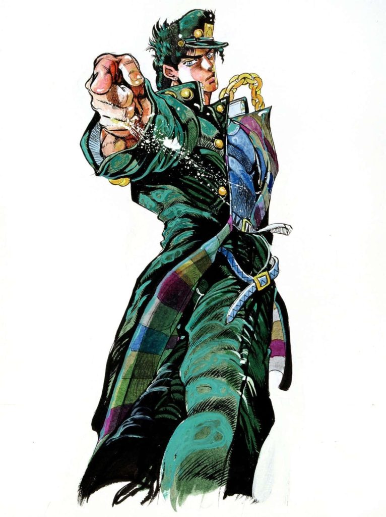 Jotaro Kujo intense pointing pose wallpaper JoJo’s Bizarre Adventure dark coat gold chain art