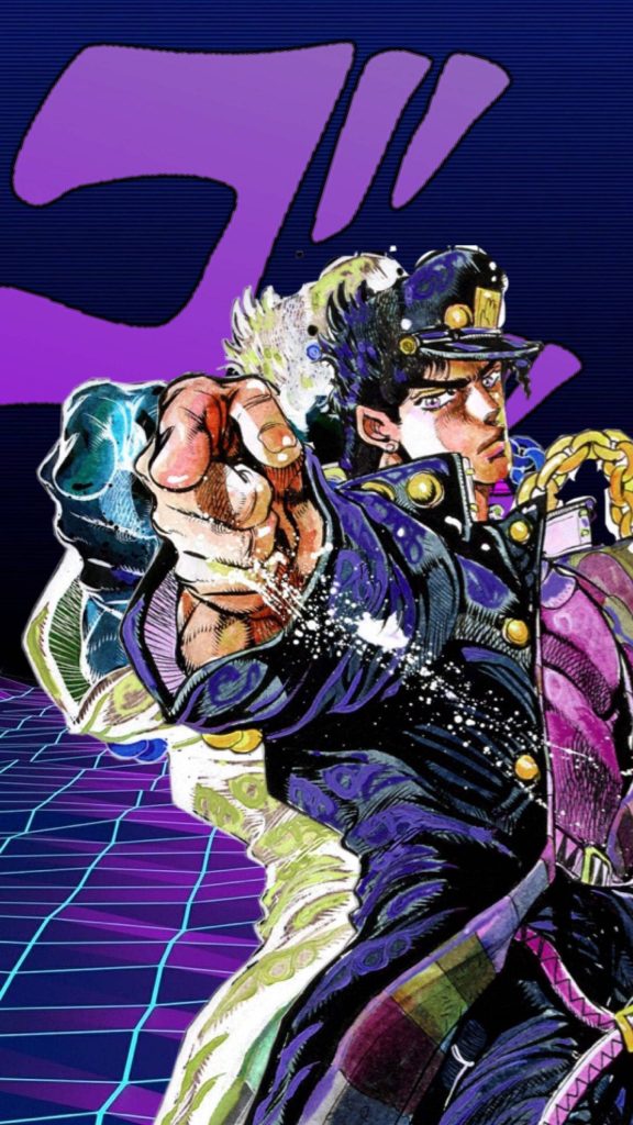 Jotaro Kujo in dynamic pose with menacing kanji on retro synthwave purple grid wallpaper background