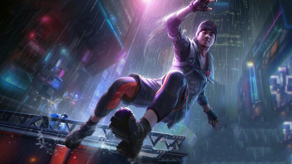 Rain-Slicked Fury: Jota Roams Free Fire Battle on Desktop Wallpaper