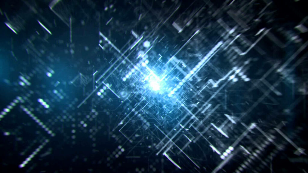 Dynamic Abstract Technology Wallpaper with Glowing Blue Digital Elements and Geometric Shapes: High-Tech Data Processing Futuristic Computing Background