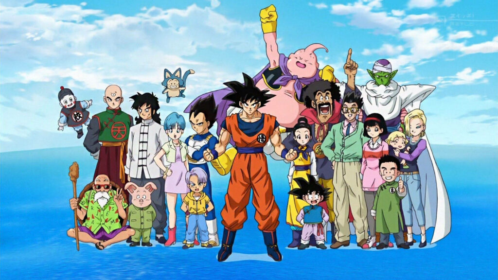 Dragon Ball characters wallpaper: vibrant, colorful and dynamic gathering on a clear blue sky and ocean backdrop