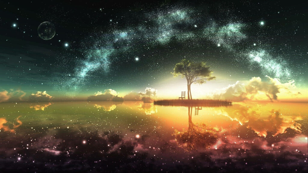 Enchanting Sundown in Celestial Realm: A Captivating Painting of a Transcendent Universe with a Mystical Tree, Serene Chair, and Radiant Reflections on an Isolated Isle Wallpaper