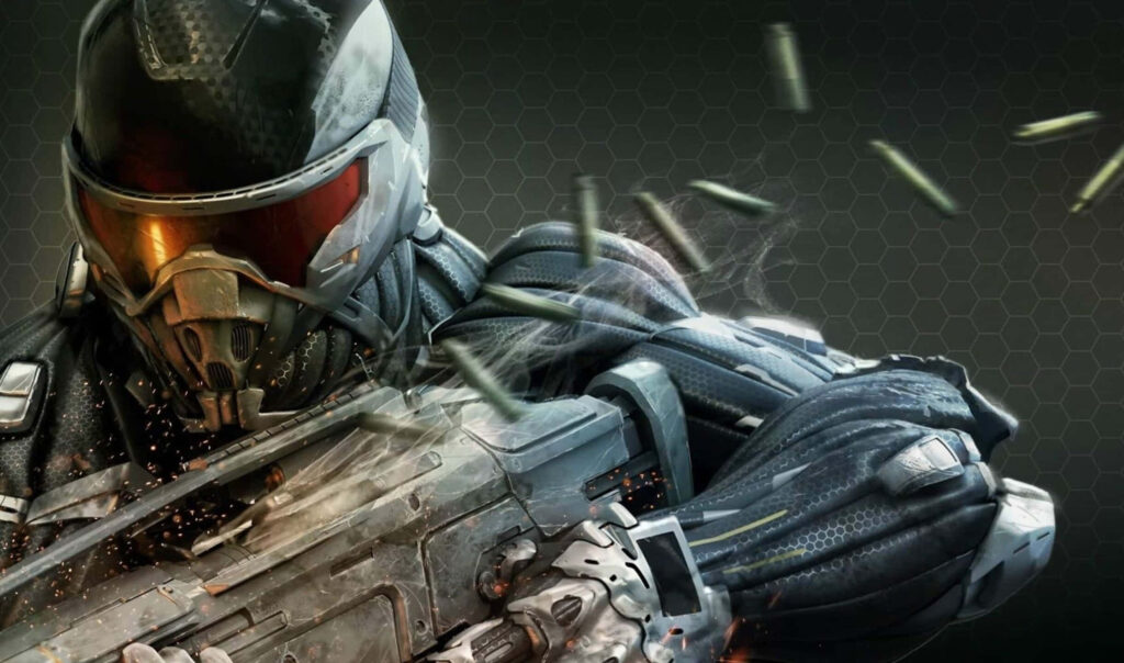 Crysis 3 Protagonist Alcatraz in Nanosuit Armor Wallpaper - Action Packed Scene with Sparks and Debris