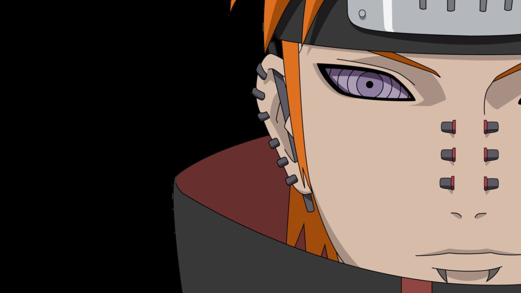 Intense and Dramatic Naruto Character Close-up: Piercing Purple Eye and Fiery Red Markings Stand Out Against a Striking Black Background Wallpaper