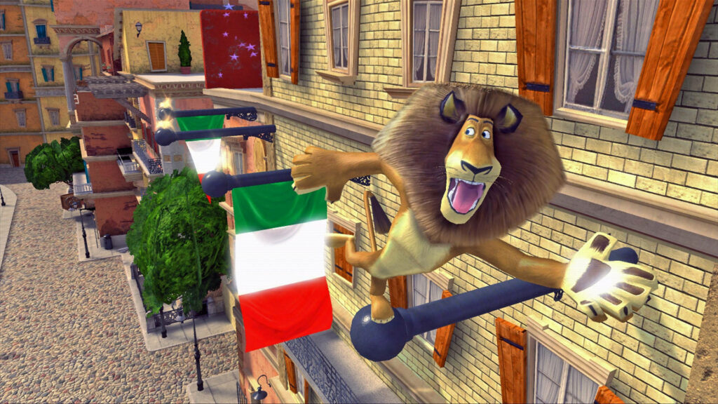 Joyful Alex the Lion Running in Colorful Cityscape Wallpaper