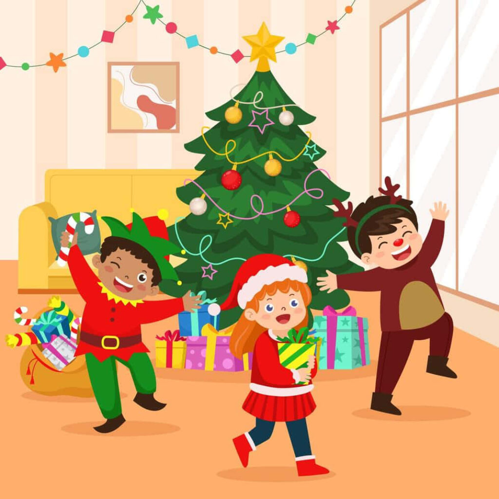 Joyful Christmas Party Wallpaper: Kids Dancing Around a Tree