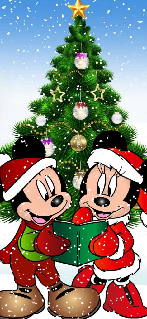Joyful Santa Characters Singing by a Festive Christmas Tree Wallpaper