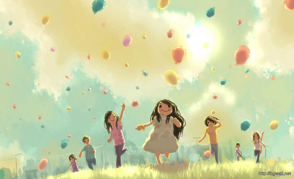 Bursting with Joy: Animated Kids Delighting in Balloon-Filled Outdoor Fun! Wallpaper