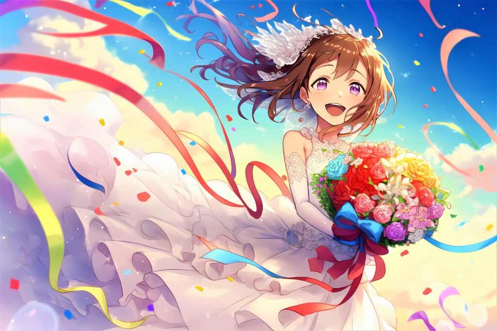 Joyful Anime Bride in Colorful Bouquet Under Clear Blue Sky Wallpaper