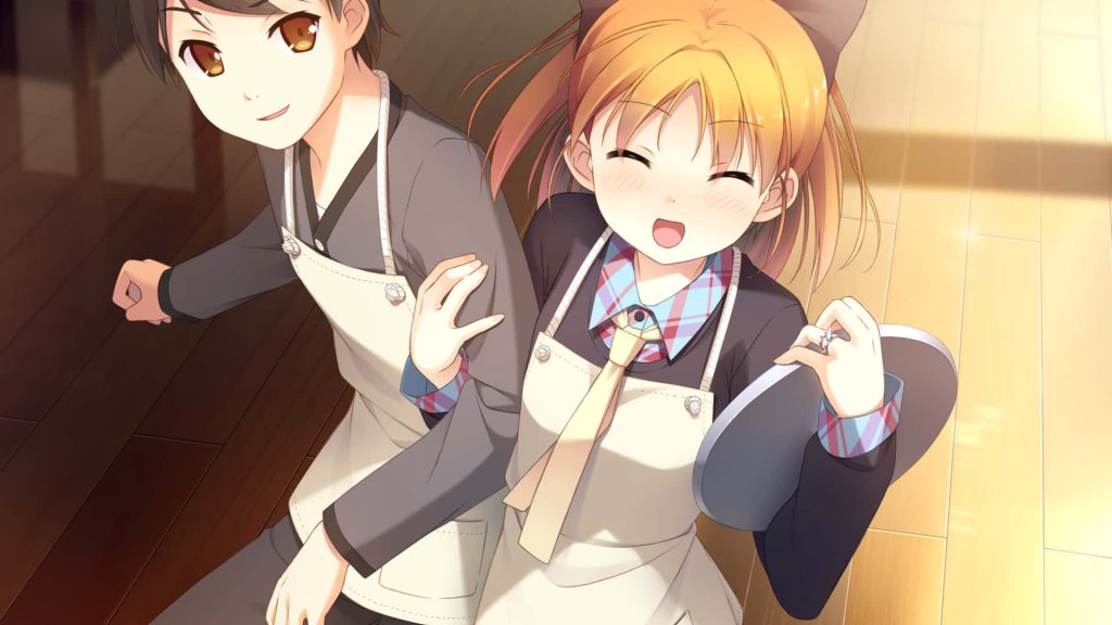 Riki Naoe and Rin Natsume from Little Busters as cheerful cafe staff in vibrant anime style Wallpaper