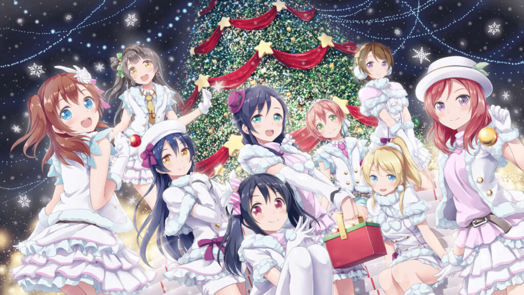 Joyful Anime Characters Celebrate Winter by a Festive Christmas Tree Wallpaper
