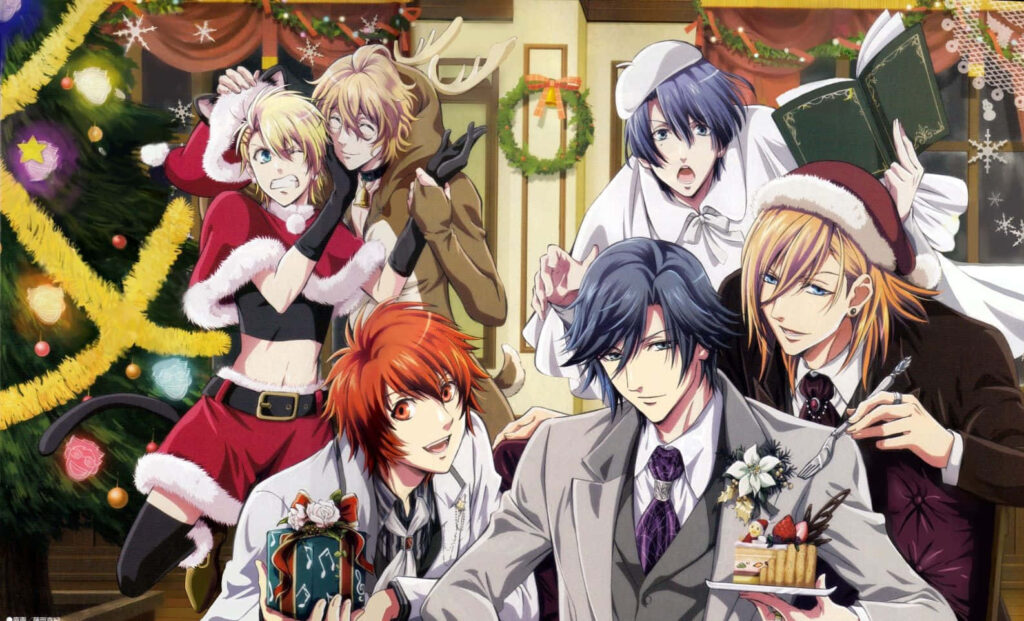 Joyful Anime Characters Celebrate Christmas in Festive Wallpaper