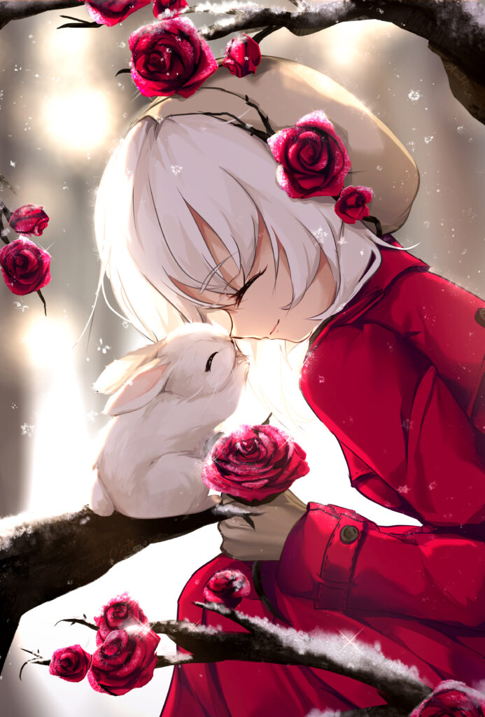 Joyful Anime Wallpaper: Girl, Rabbit & Roses in a Magical Winter