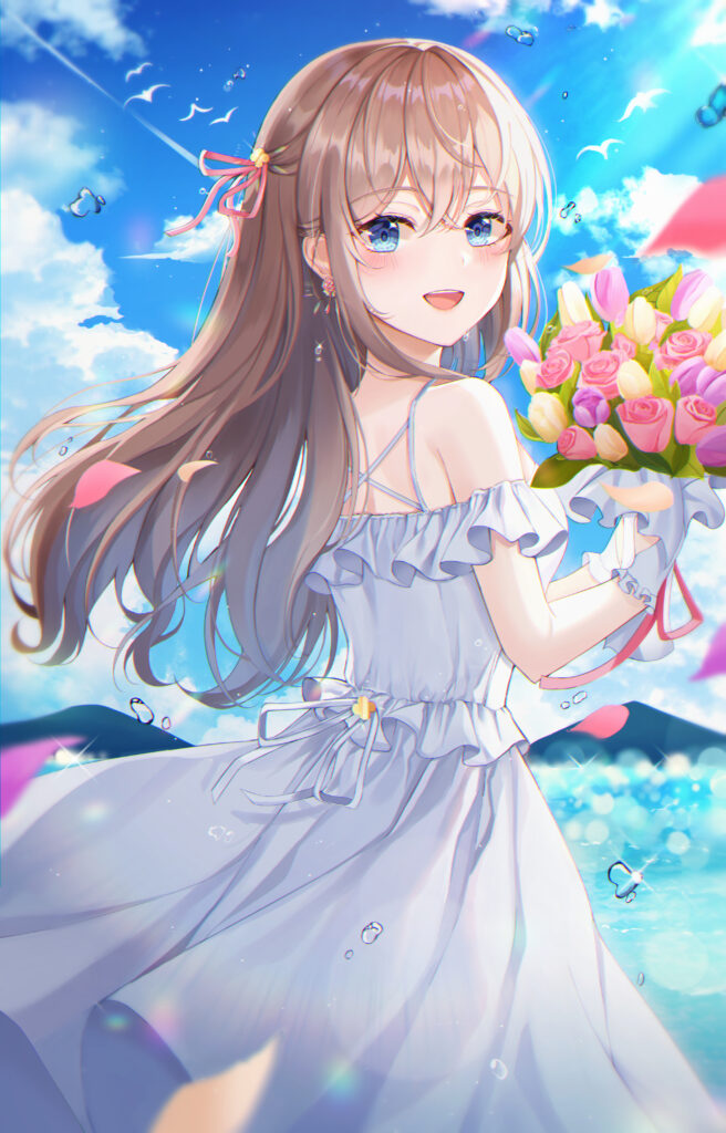 Joyful Anime Wallpaper: Smiling Girl with Colorful Bouquet & Sky