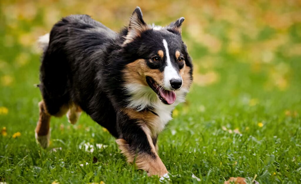 Energetic Australian Shepherd running joyfully across lush green field in vibrant spring landscape Wallpaper
