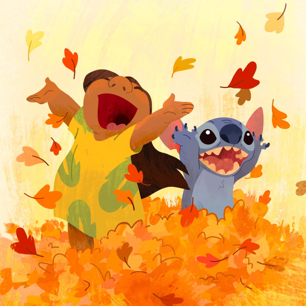 Joyful Animated Characters in Colorful Autumn Leaves Wallpaper