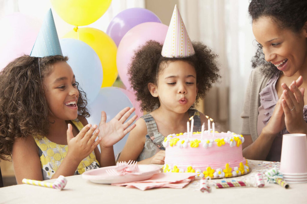 Joyful Child's Birthday: Cake, Candles, Friends & Colorful Balloons Wallpaper