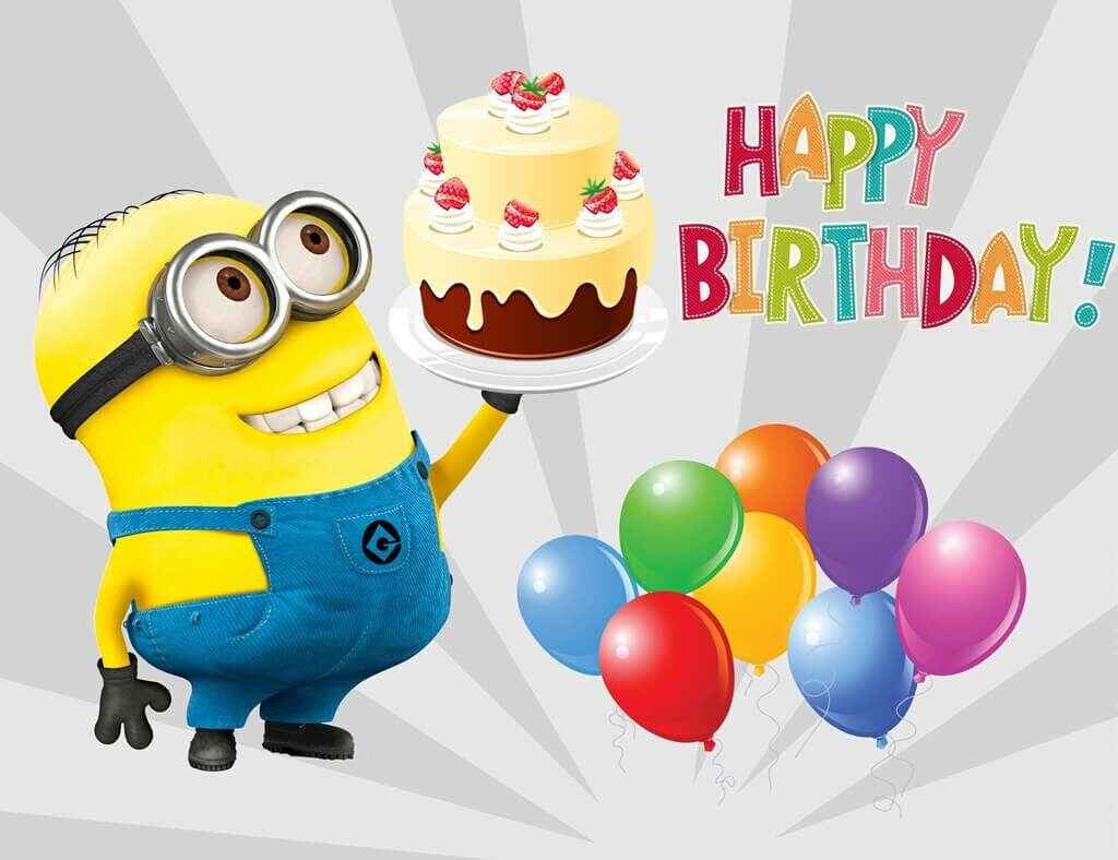 Cake-carrying Minion amidst Colorful Balloons - Cheerful Birthday Wallpaper