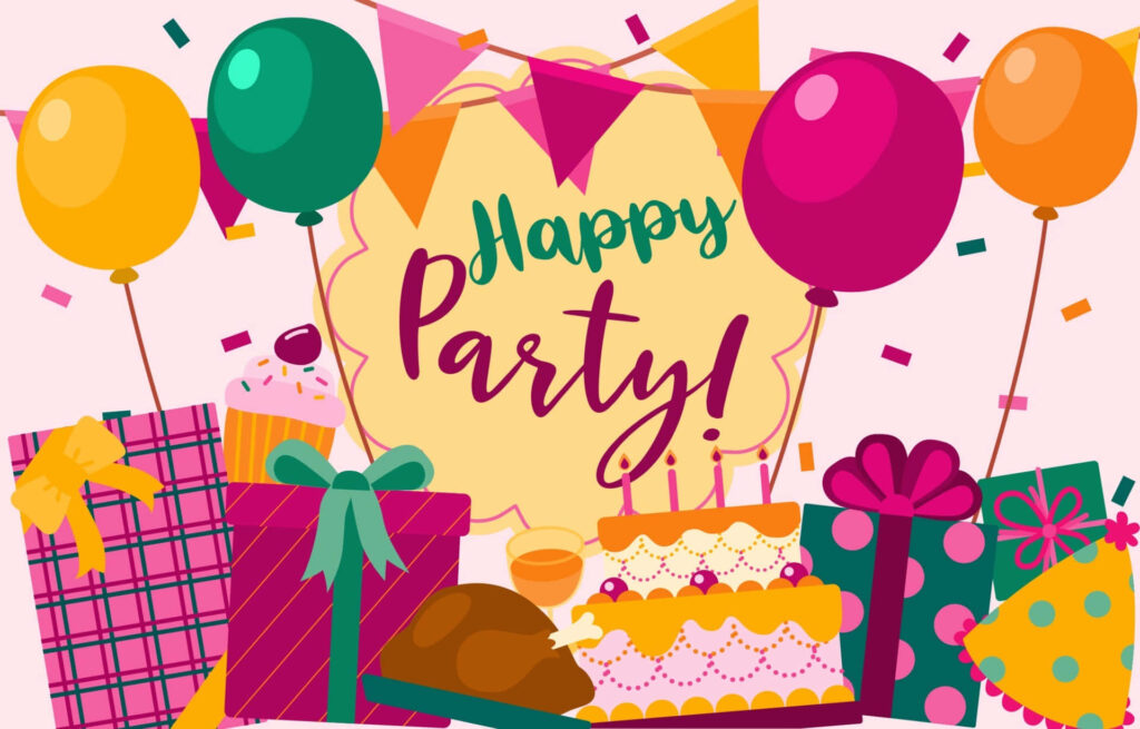 Joyful Birthday Party Wallpaper: Colorful Balloons & Cake Design
