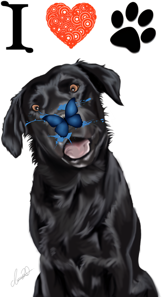 Joyful Black Labrador Wallpaper with Butterfly and Heart Design