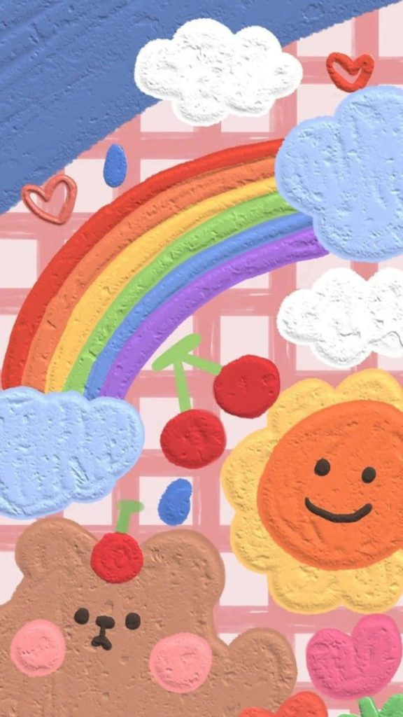 Colorful digital illustration of smiling brown bear sun rainbow on pink checkered background Wallpaper
