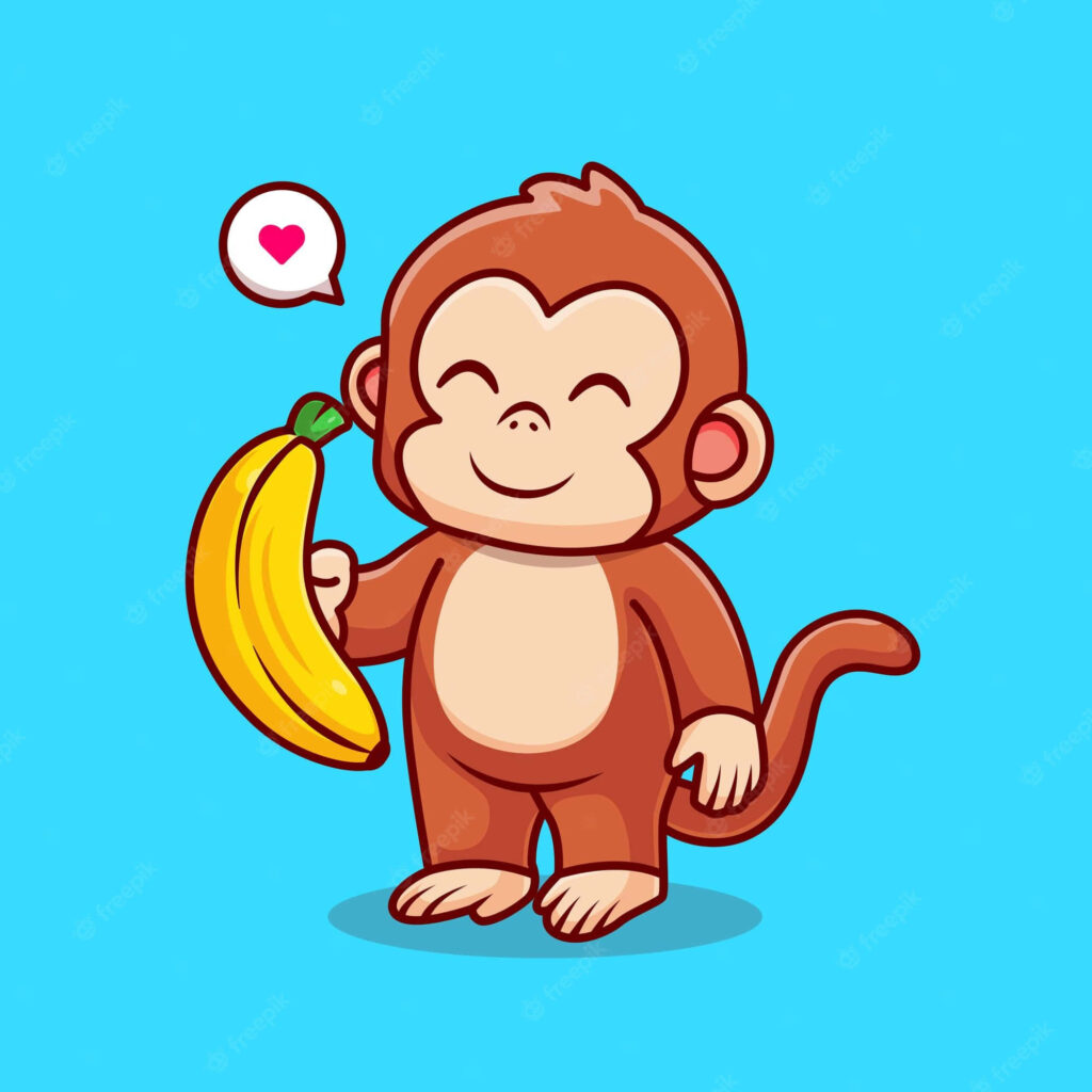 Joyful Cartoon Monkey with Banana on Bright Blue Background Wallpaper