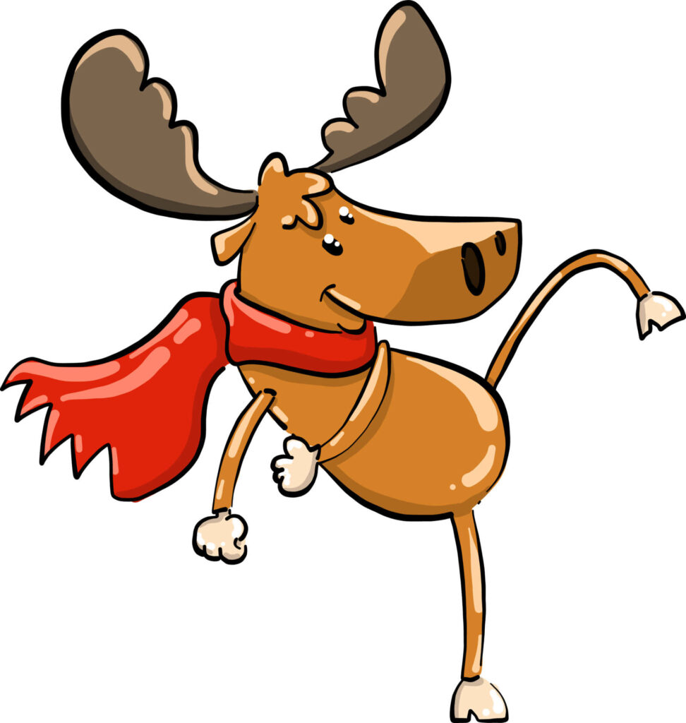 Joyful Cartoon Moose Dancing with a Red Scarf - Fun Wallpaper