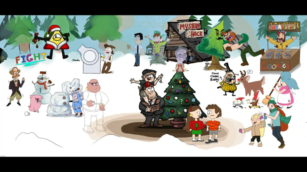 Vibrant Christmas Cartoon Collage Wallpaper: Joyful Holiday Scene