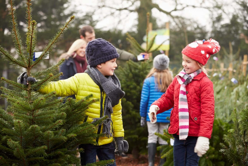 Festive Family Fun: Joyful Kids Explore Christmas Tree Farm Wallpaper
