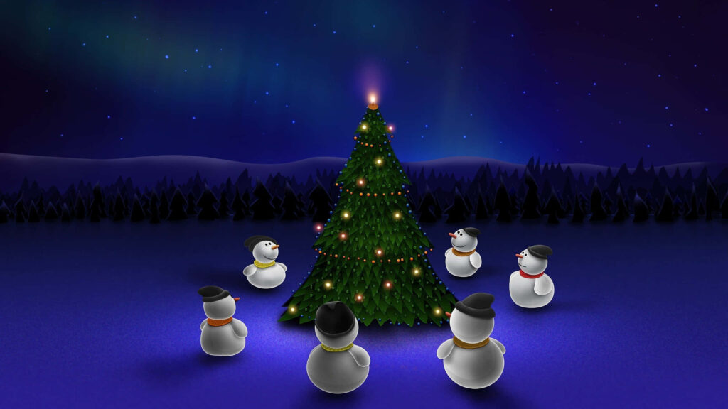 Enchanting Christmas Tree Wallpaper with Snowmen on a Starry Night