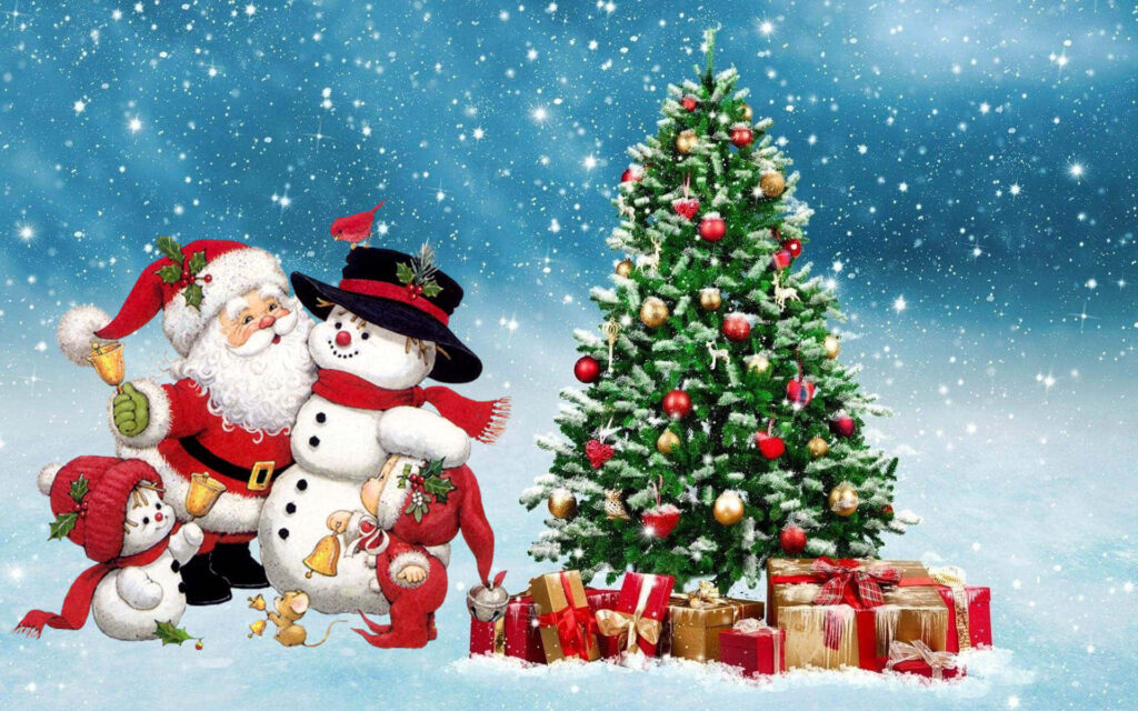 Festive Christmas Wallpaper: Tree, Snowmen & Santa in Snowy Scene